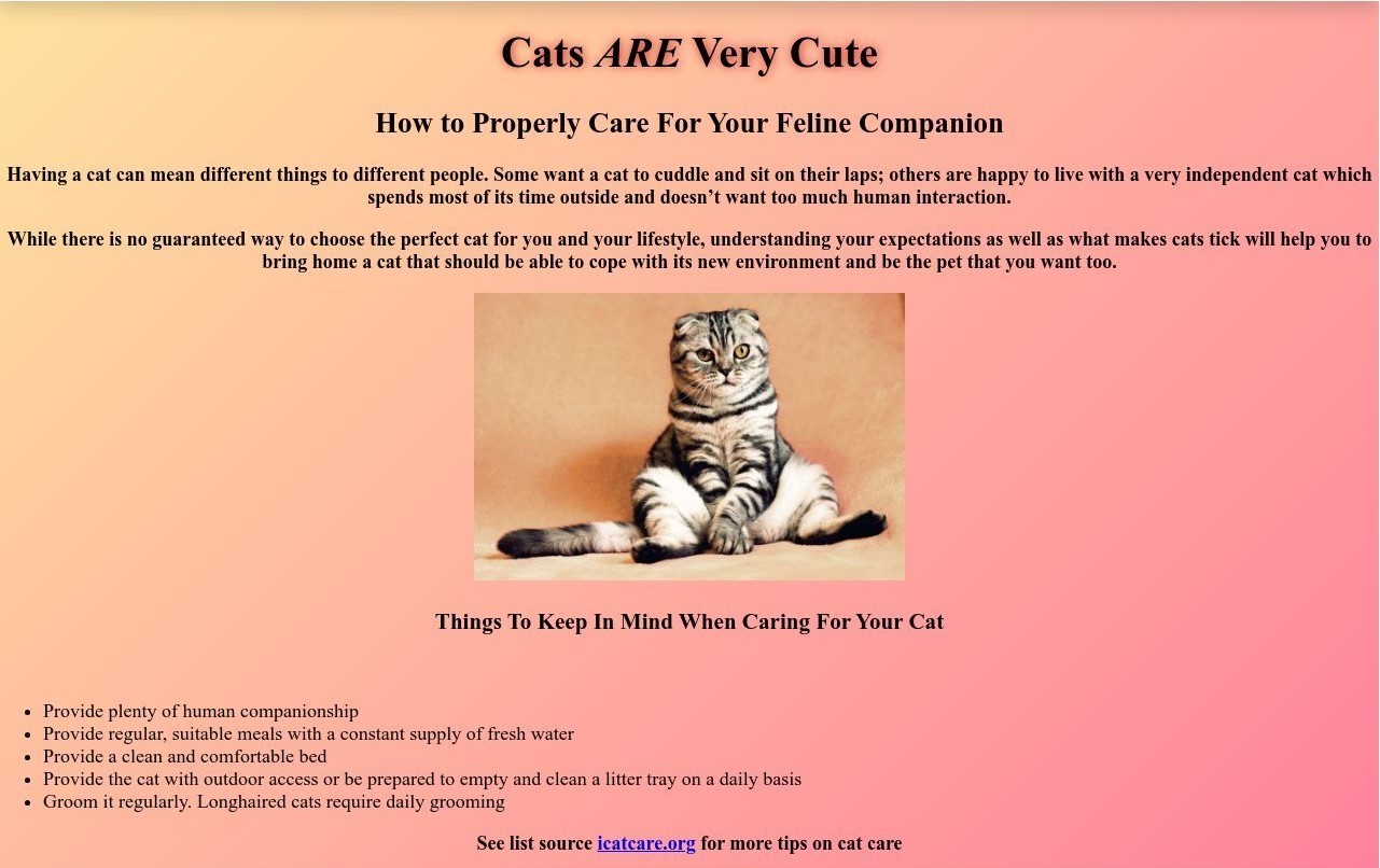 Screenshot of cat webpage